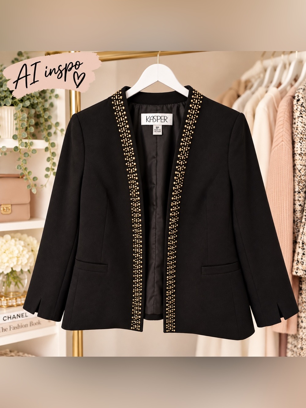 Kasper Black Open-Front Blazer with Gold Stud Trim